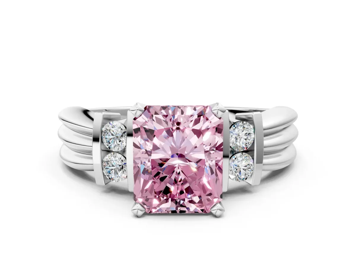 Fancy Pink Radiant Cut Cut Three-Stone Channel Set Ring with Bar Prongs Platinum