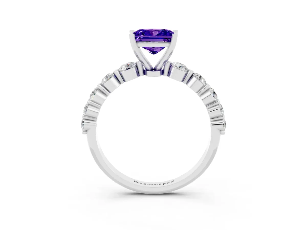 Princess Cut Solitaire Tanzanite Ring with Pave Band and Four-Prong Setting Silver
