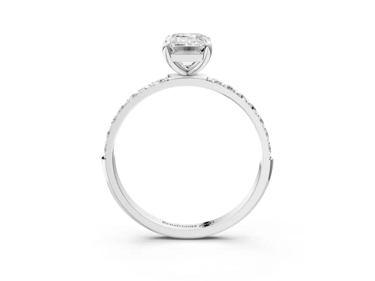 Emerald Cut Diamond Solitaire Ring with Round Moissanite Pavé Band and Prong Setting Silver