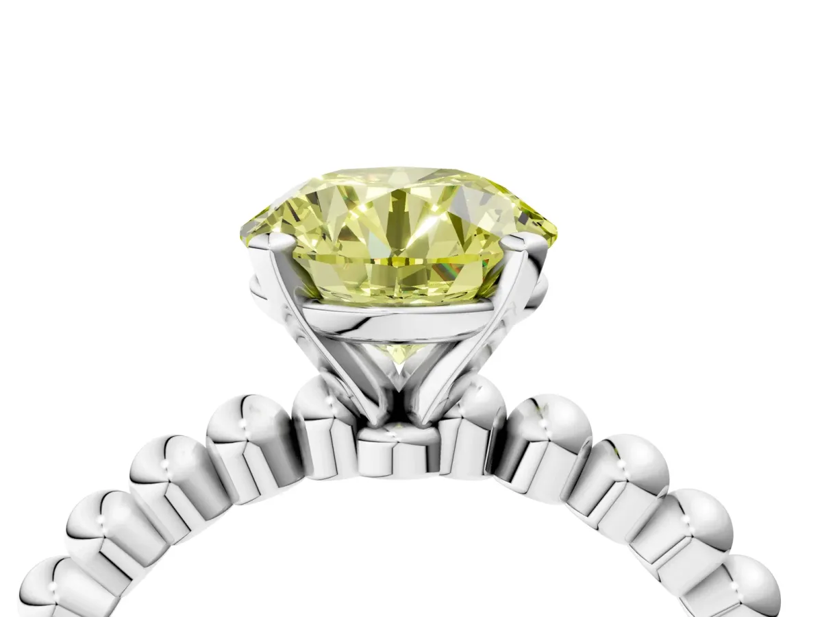 Fancy Yellow Round Cut Diamond Solitaire Ring with Beaded Band and Prong Setting Platinum