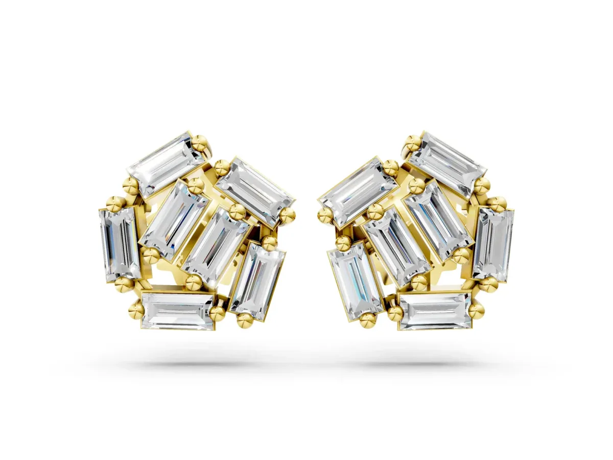 Baguette Diamond Cluster Stud Earrings Yellow gold