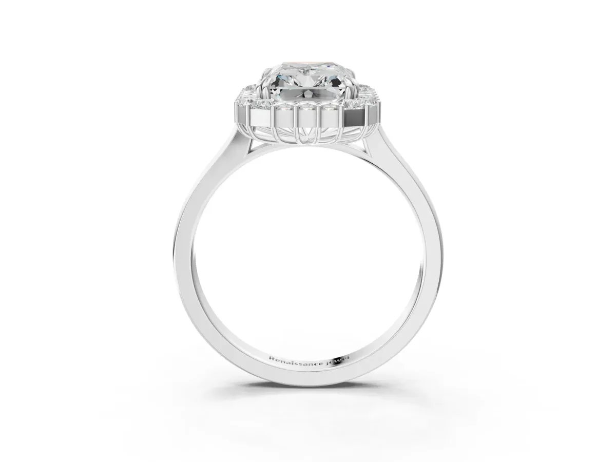 Radiant Diamond Baguette Halo Engagement Ring Silver