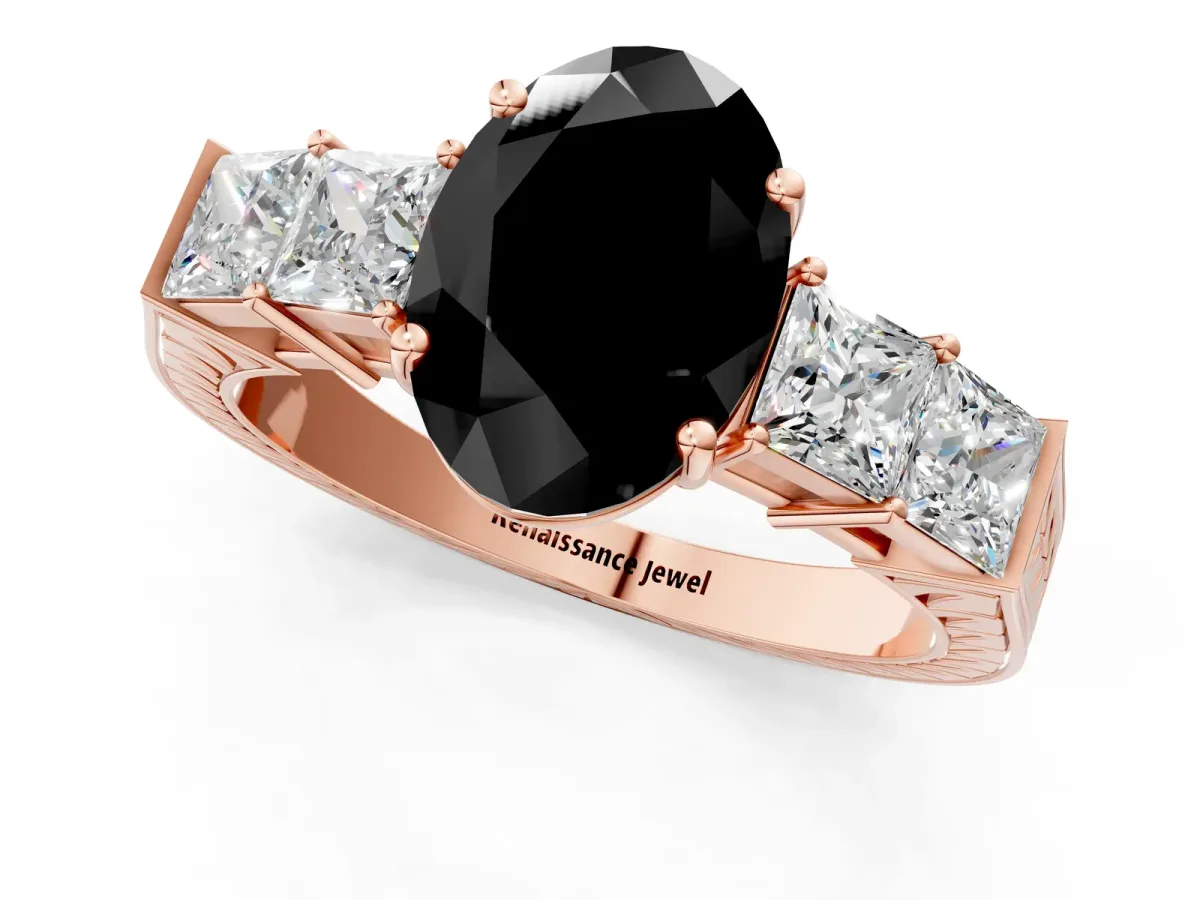 Fancy Black Oval Cut Solitaire Princess Side Stone Engraved Band Prong Setting Ring Rose gold