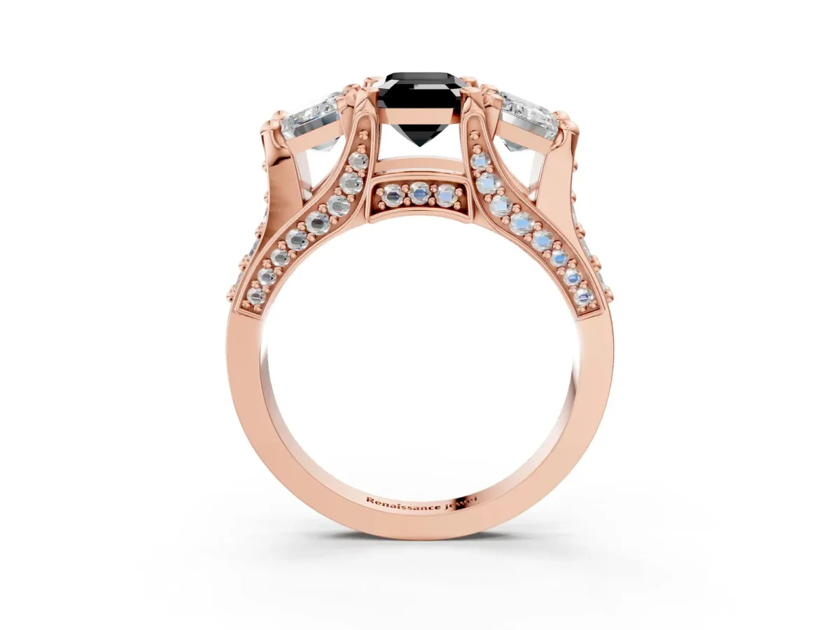 Fancy Black Emerald Cut Diamond Three-Stone Ring with Channel Set Band and Four-Prong Setting Rose gold