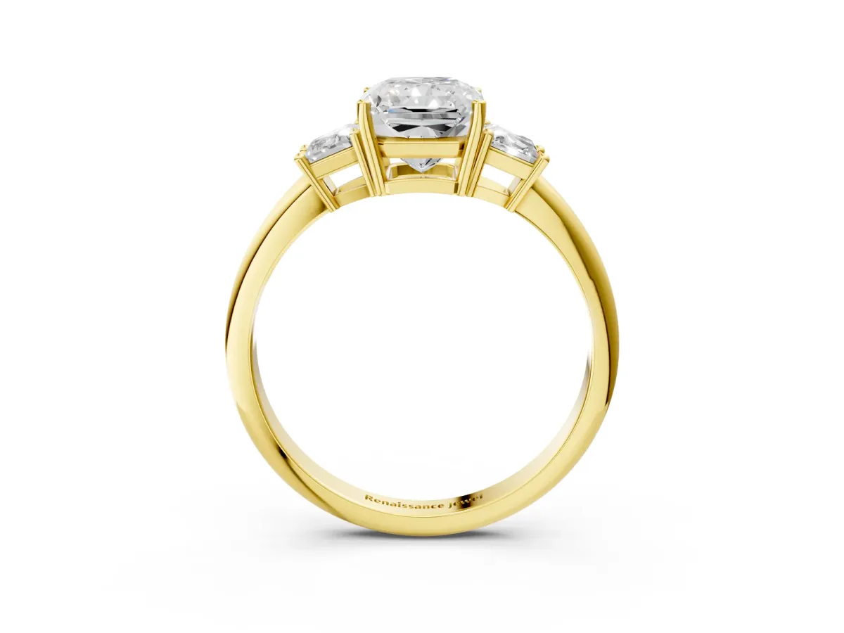 Radiant Cut Diamond Three-Stone Ring with Trapezoid Side Stones and Prong Setting Yellow gold