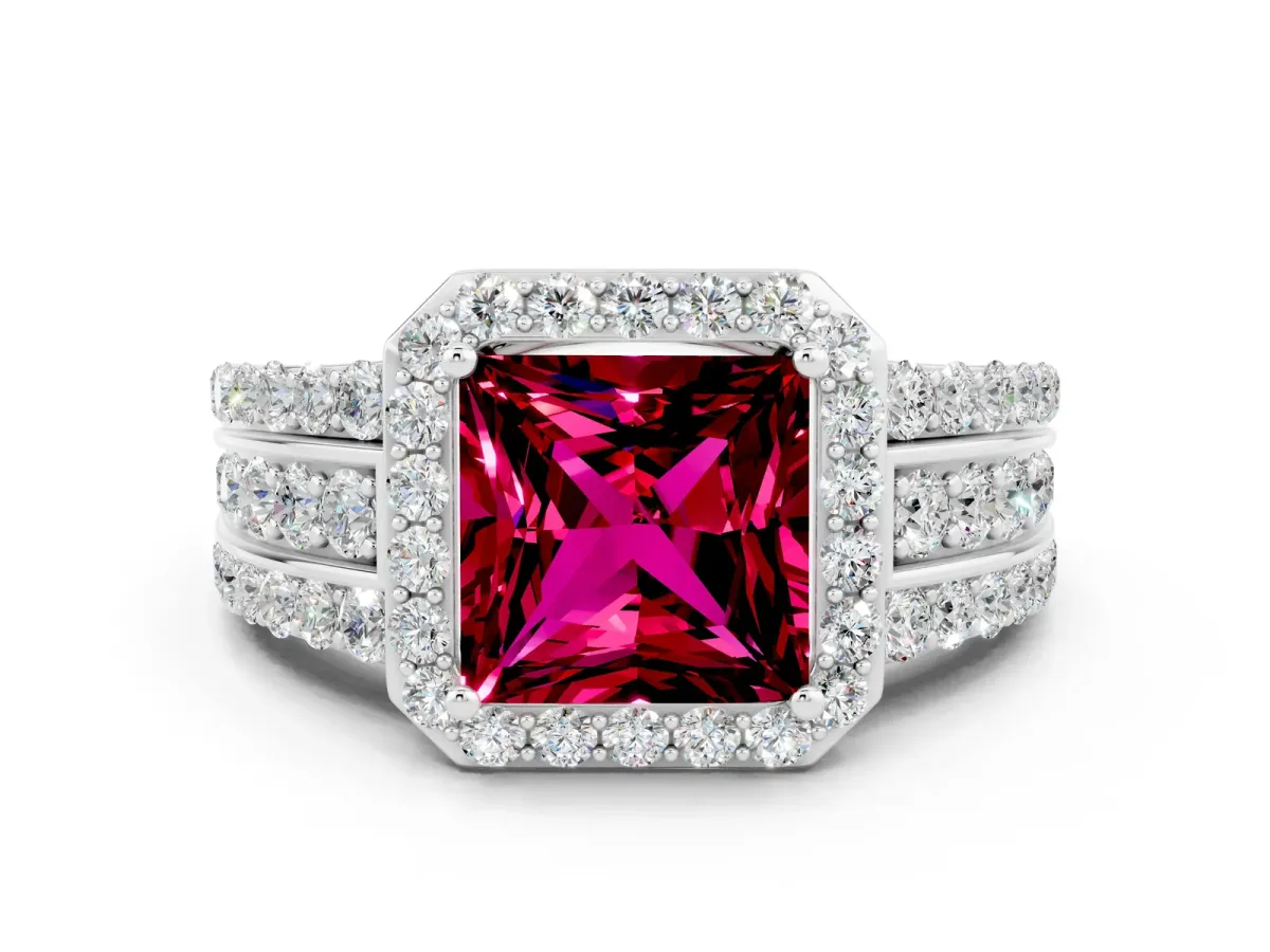 Princess Cut Halo Garnet Ring with Round Split Shank and Prong Setting Platinum