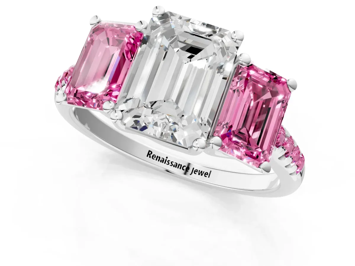 Three-Stone Emerald Cut Diamond Ring with Round Pink Sapphire Pavé Band and Prong Setting Silver