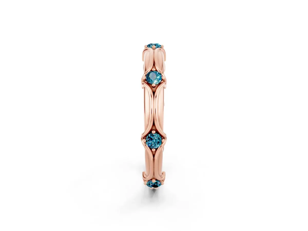 Round Blue Topaz Prong Set Milgrain Eternity Band Rose gold