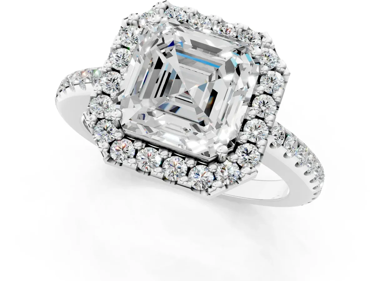 Asscher Cut Diamond Pavé Halo Ring with Four-Prong Setting Platinum