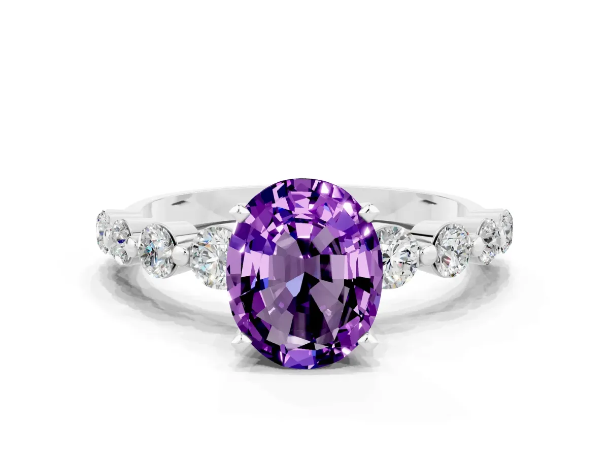 Oval Cut Solitaire Amethyst Ring with Pave Band and Four-Prong Setting Silver