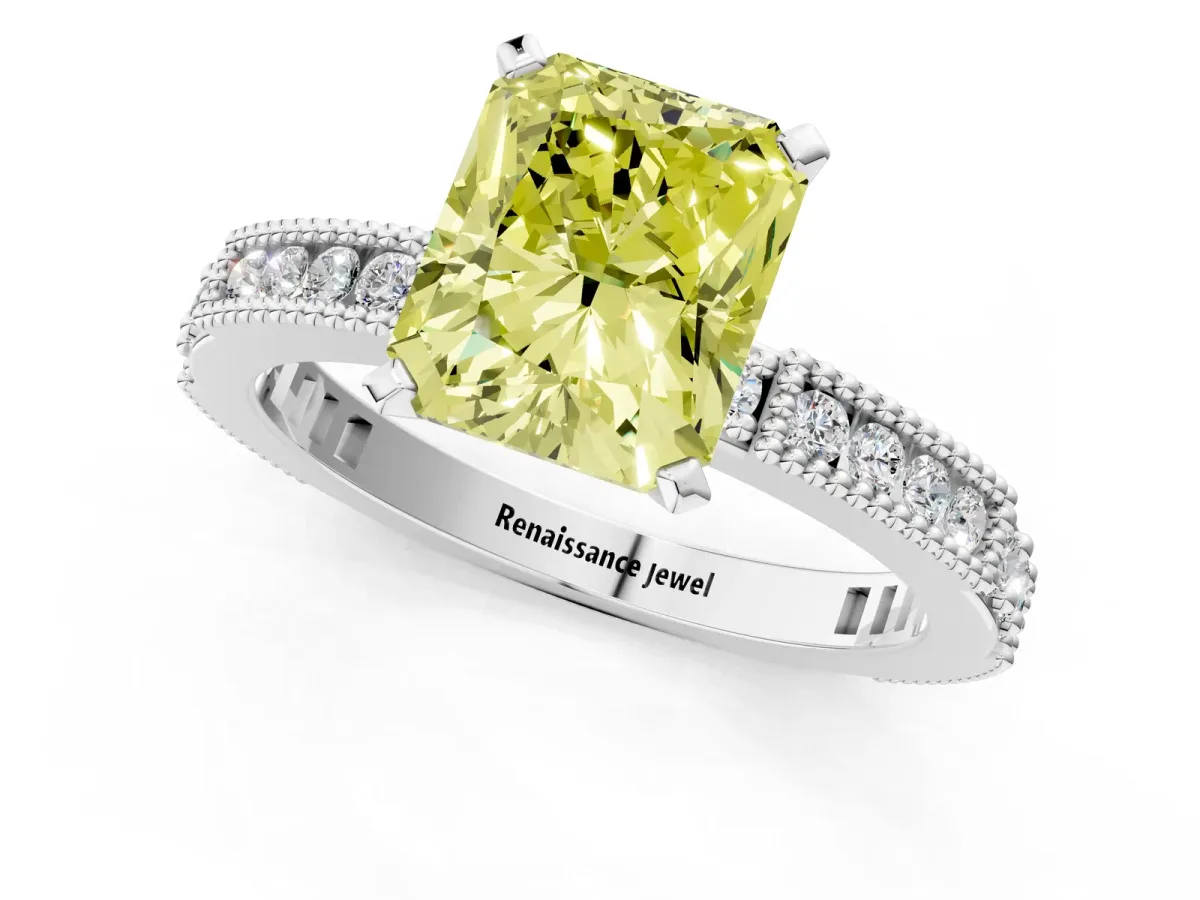 Fancy Yellow Radiant Cut Solitaire with Pavé Band and Four-Prong Setting Silver