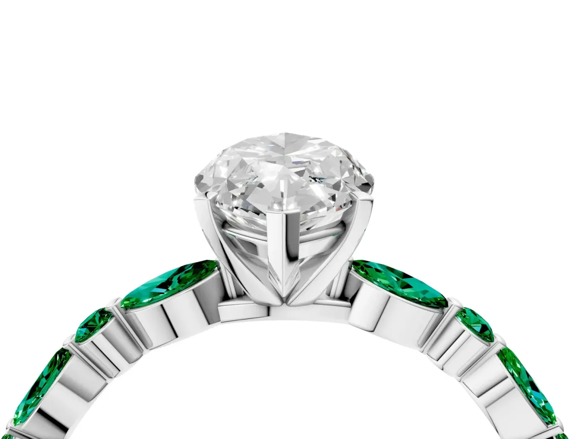 Marquise Cut Diamond Ring with Marquise and Round Emerald Side Stones and Four-Prong Setting Silver