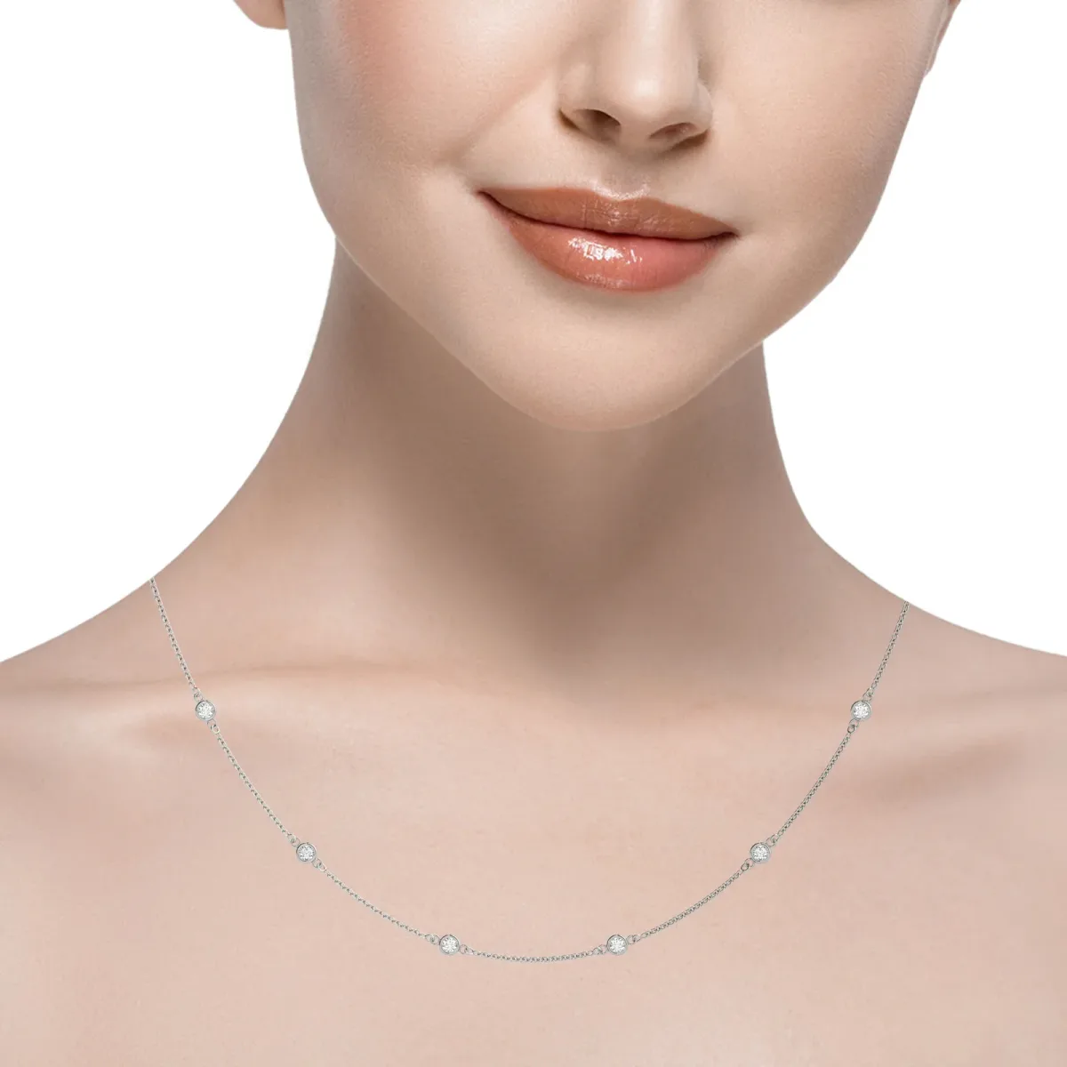 Bezel-Set Round Diamond Station Necklace with Cable Chain White gold