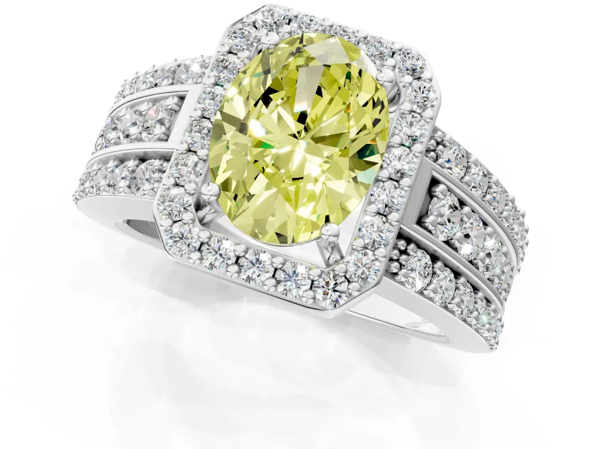 Fancy Yellow Oval Cut Halo Diamond Ring with Round Split Shank and Prong Setting Silver