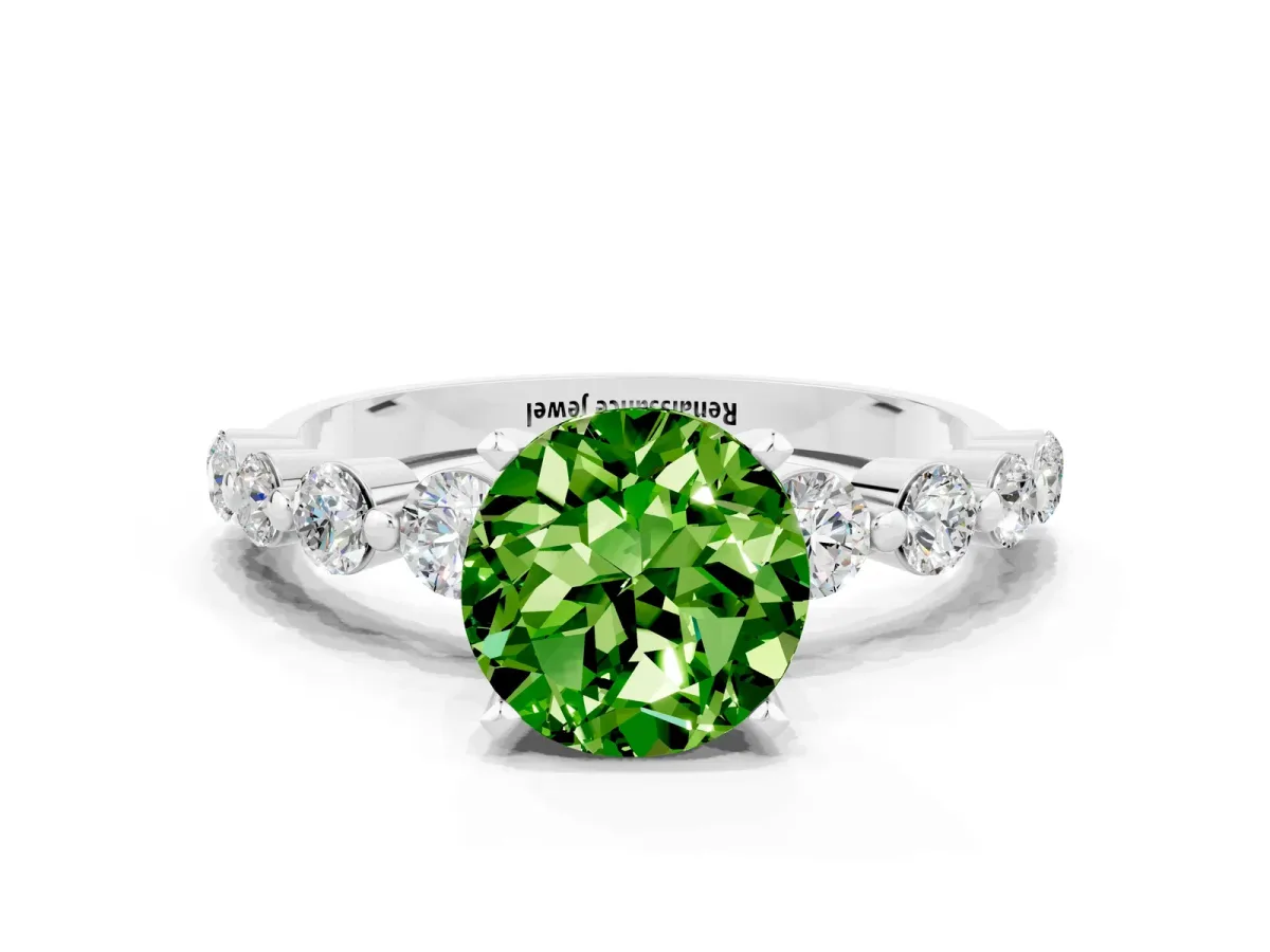 Round Cut Solitaire Peridot Ring with Pave Band and Four-Prong Setting Platinum