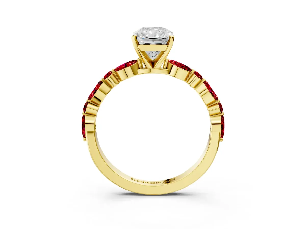 Radiant Cut Diamond Ring with Marquise and Round Ruby Side Stones and Four-Prong Setting Yellow gold