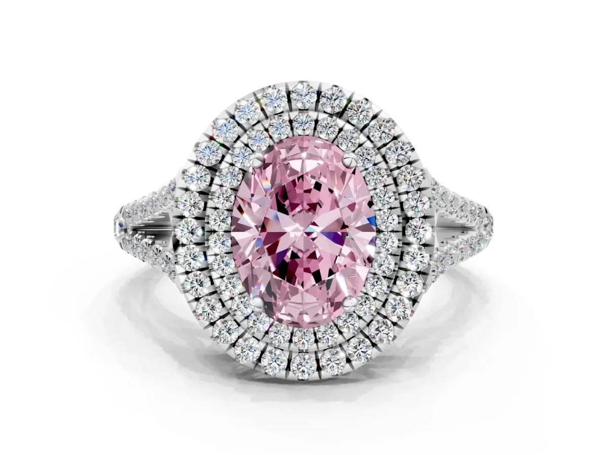 Fancy Pink Oval Cut Diamond Double Halo Ring with Pavé Band and Prong Setting Silver