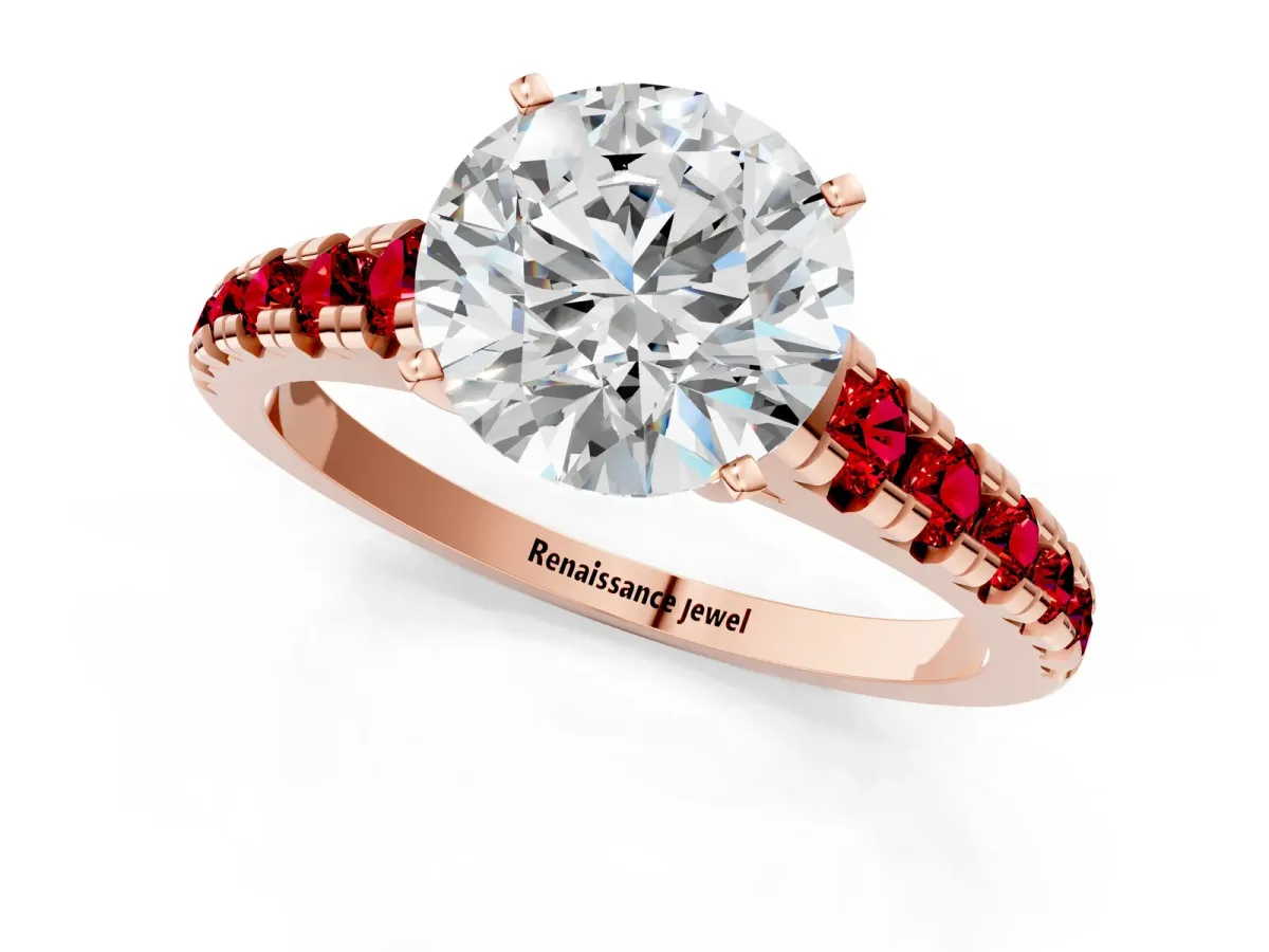 Round Cut Diamond Cathedral Solitaire Ring with Round Ruby Pavé Band Rose gold
