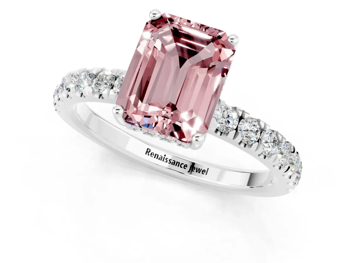 Emerald Cut Morganite Pave Band Solitaire Ring with Round and Prong Setting Silver