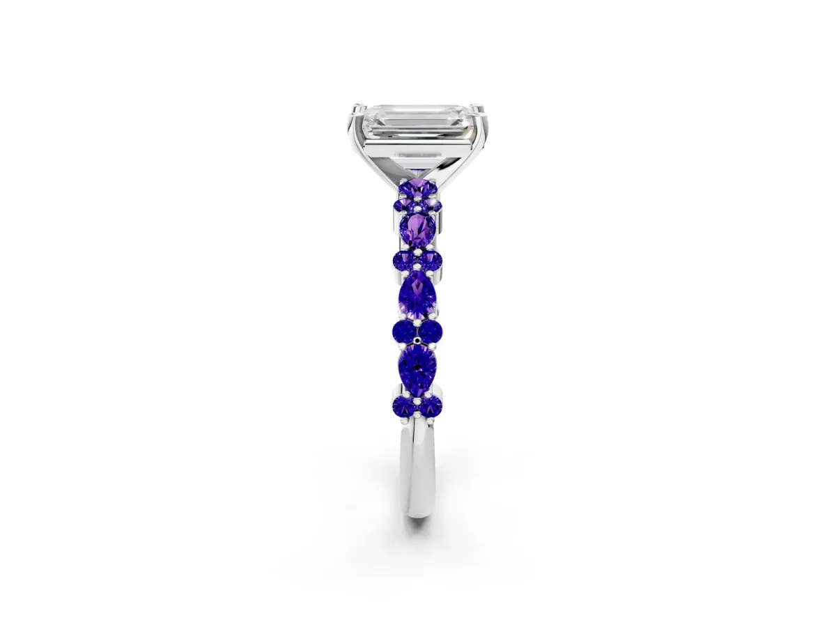 Emerald Cut Diamond Side Stone Solitaire Ring with Round Tanzanite and Four-Prong Setting Platinum