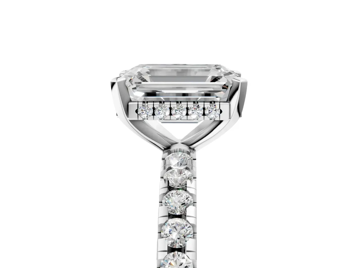 Emerald Cut Diamond Solitaire Ring with Round Pavé Band and Four-Prong Setting Platinum