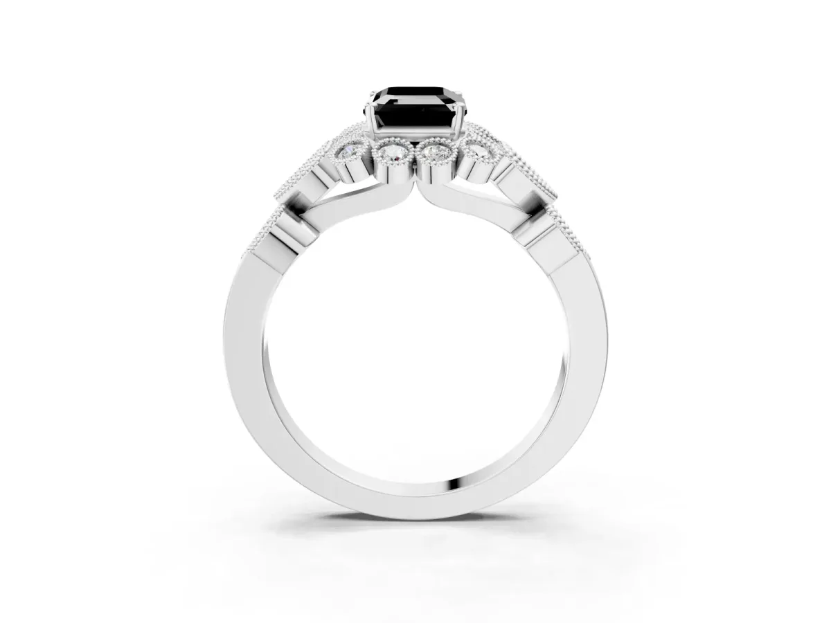 Fancy Black Emerald Cut Brilliant Milgrain Pave Heart Band Solitaire Ring Platinum