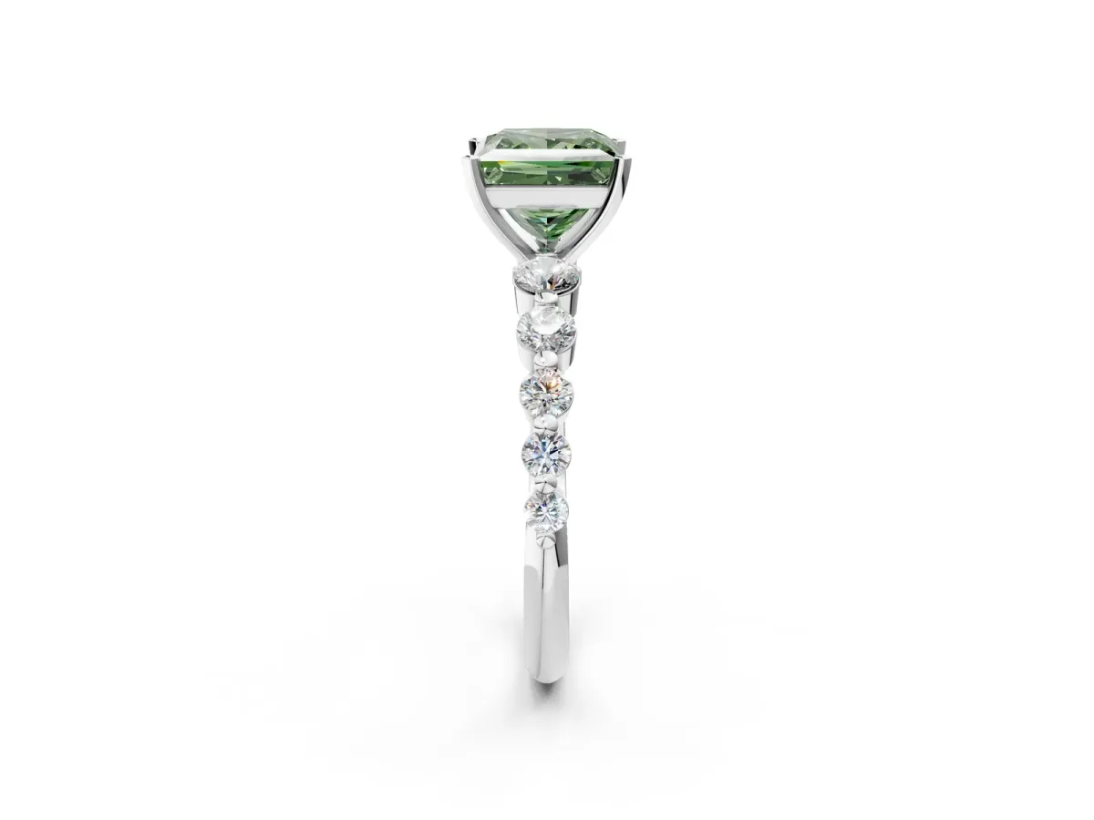Fancy Green Princess Cut Solitaire Diamond Ring with Pave Band and Four-Prong Setting Silver