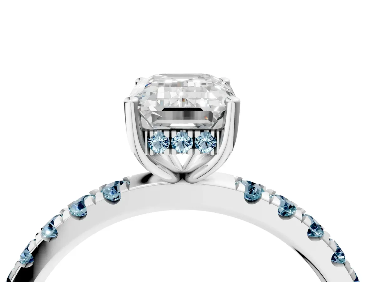 Emerald Cut Diamond Pave Band Solitaire Ring with Round Aquamarine and Prong Setting Silver