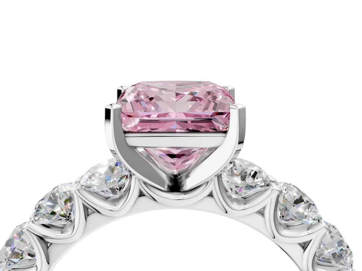 Fancy Pink Princess Cut Diamond Prong Setting with Side Stones on a Pave Band Silver