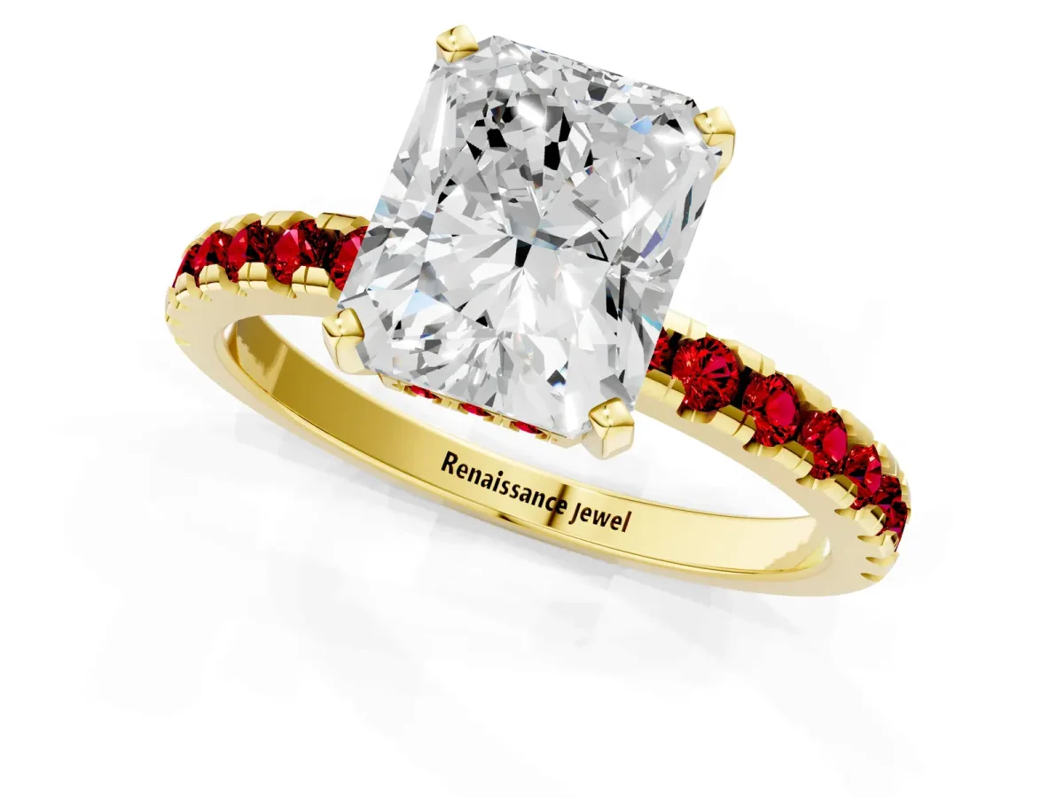 Radiant Cut Diamond Solitaire Ring with Round Ruby Pavé Band and Four-Prong Setting Yellow gold