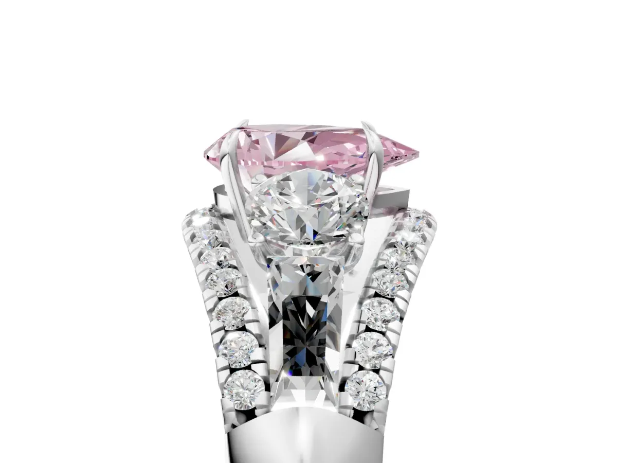 Fancy Pink Three-Stone Pear Cut Diamond Engagement Ring with Pave Band and Prong Setting Platinum