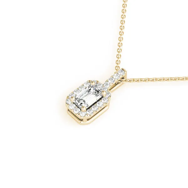 Emerald Cut Diamond Halo Pendant with Prong Setting Yellow gold