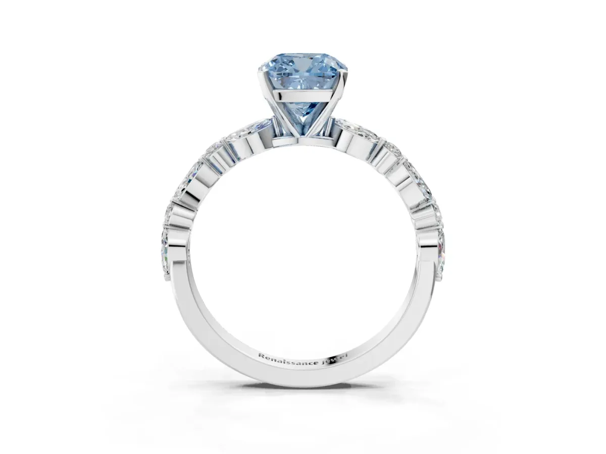 Fancy Blue Cushion Cut Diamond Ring with Marquise and Round Side Stones and Four-Prong Setting Silver