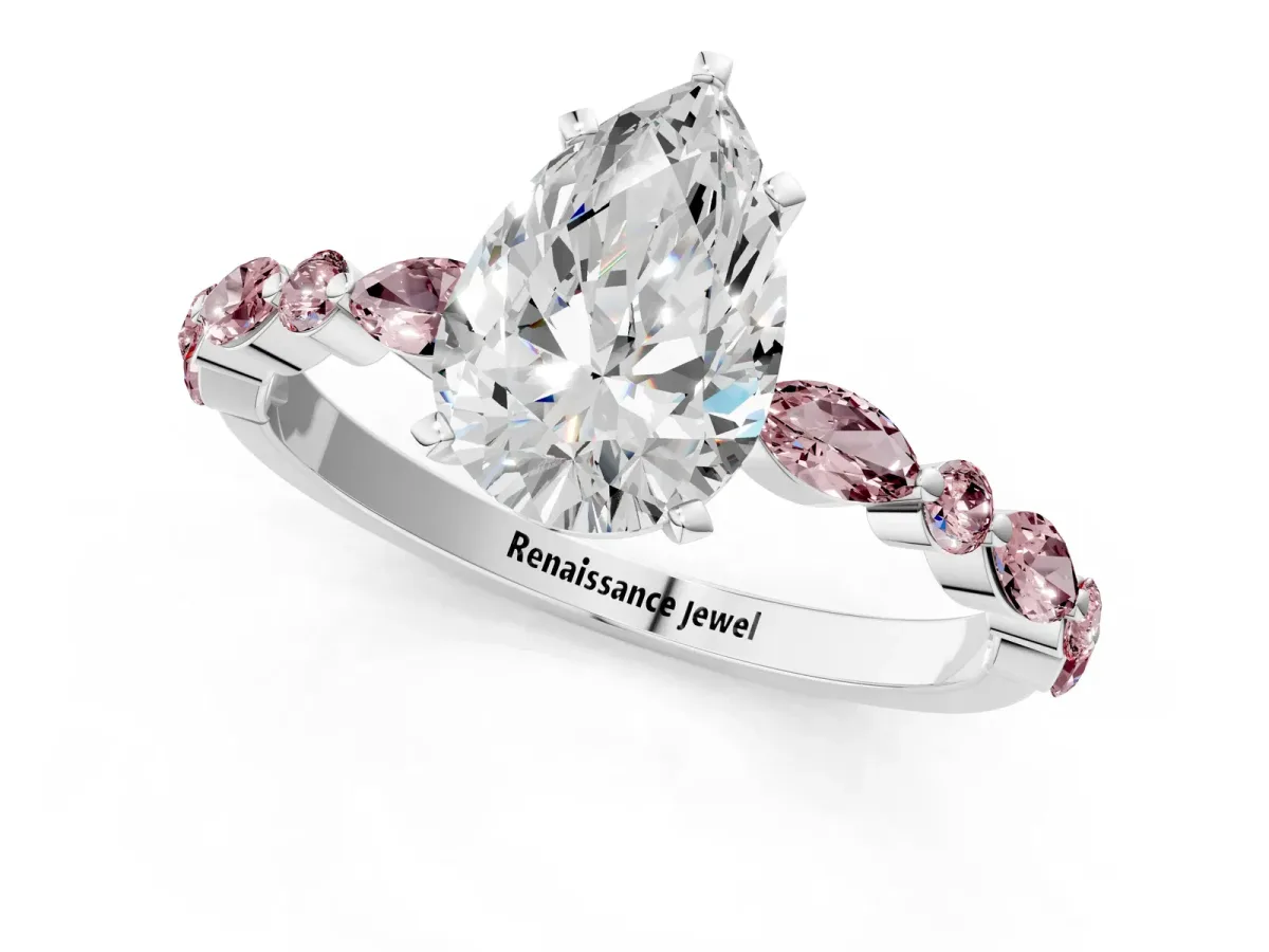 Pear Cut Diamond Ring with Marquise and Round Morganite Side Stones and Four-Prong Setting Silver