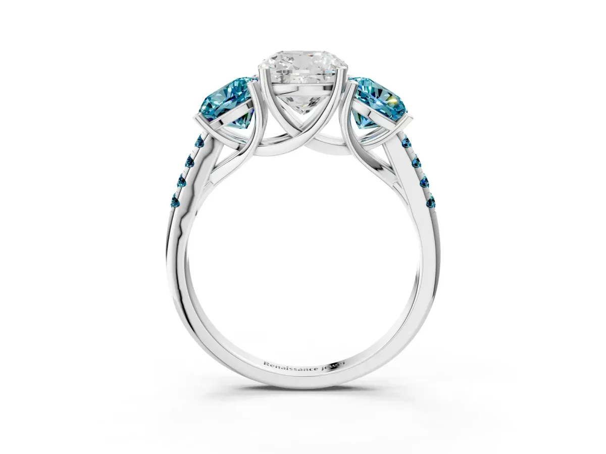 Three-Stone Cushion Cut Diamond Ring with Round Blue Topaz Pavé Band and Prong Setting Silver