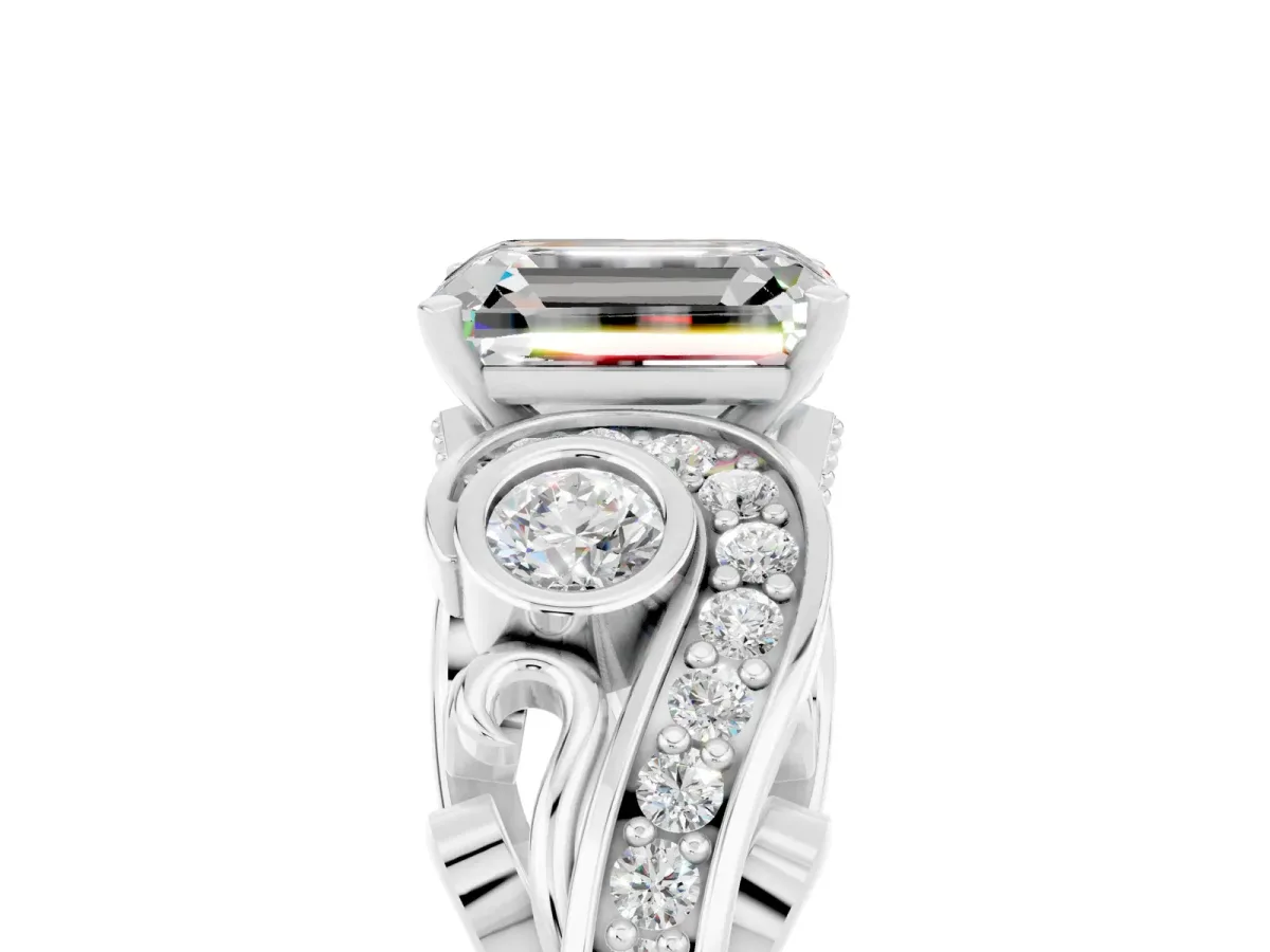 Emerald Cut Moissanite Solitaire Ring with Milgrain Pavé Band and Four-Prong Setting Silver