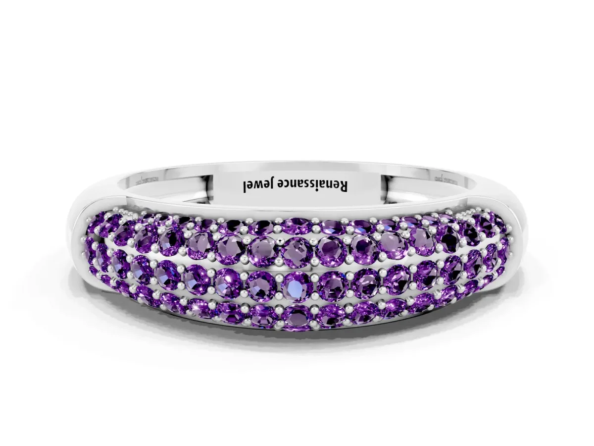 Three-Row Pavé Round Amethyst Dome Band Silver