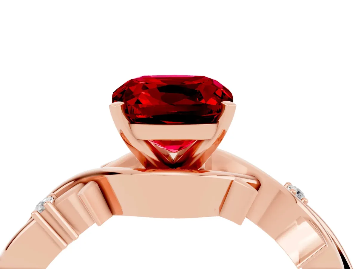 Cushion Cut Ruby Solitaire Ring with Twisted Band and Prong Setting Rose gold