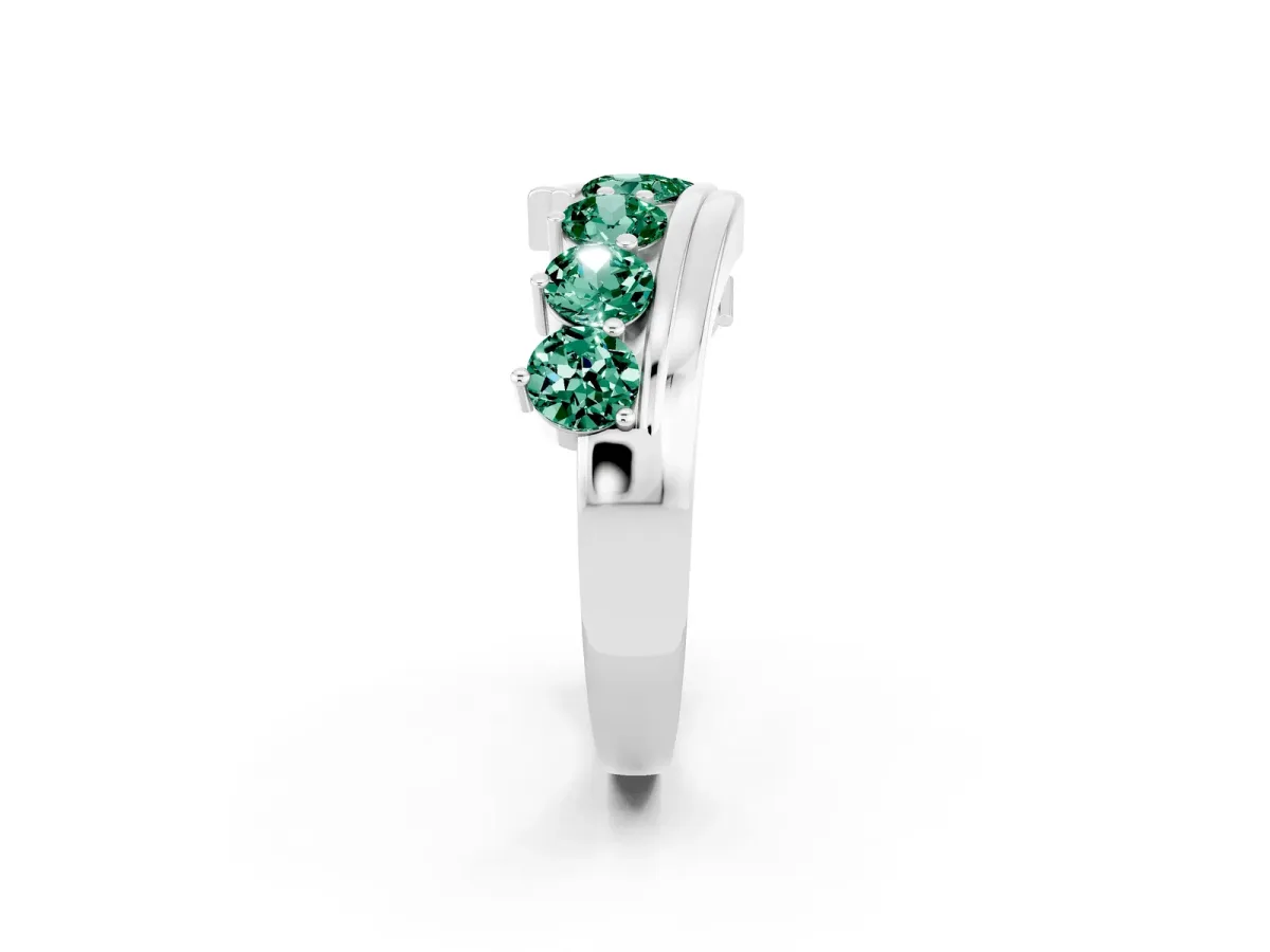 Round Green Sapphire Wave Band with Channel and Shared Prong Setting White gold