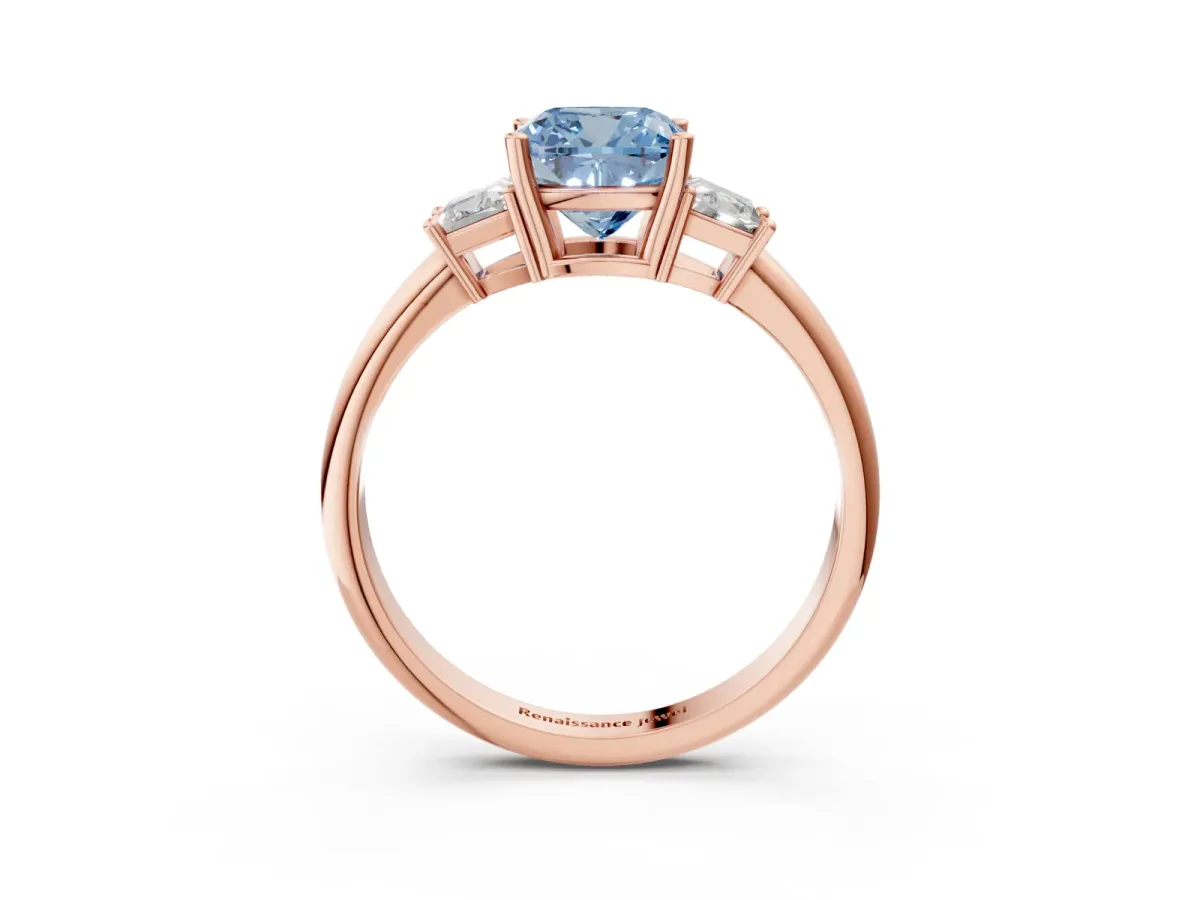 Fancy Blue Cushion Cut Diamond Three-Stone Ring with Trapezoid Side Stones and Prong Setting Rose gold