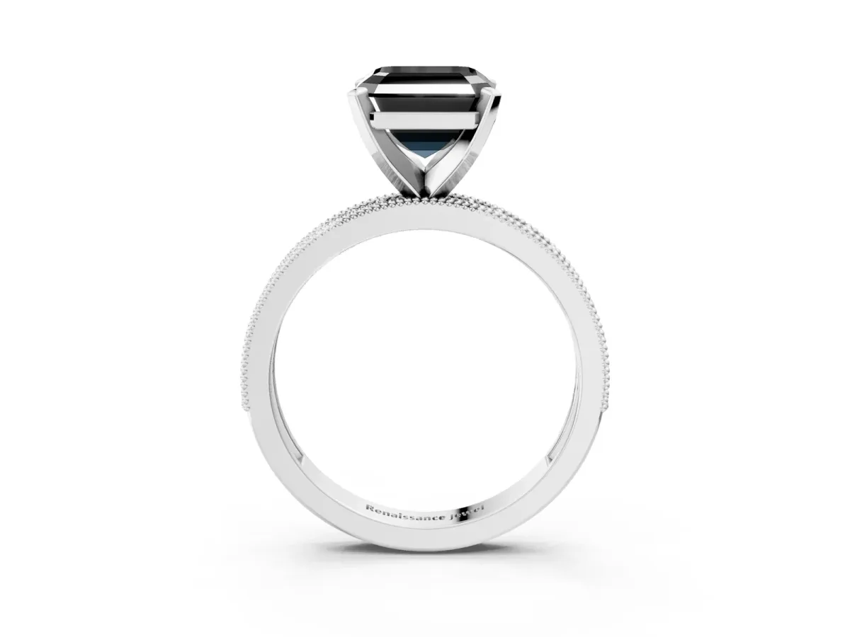 Fancy Black Asscher Cut Diamond Milgrain Pavé Engagement Ring with Four-Prong Setting Platinum