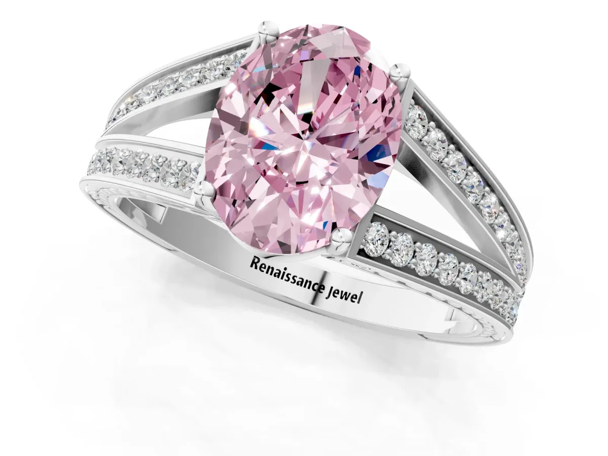 Fancy Pink Oval Cut Diamond Split Shank Ring with Pavé Band and Four-Prong Setting White gold