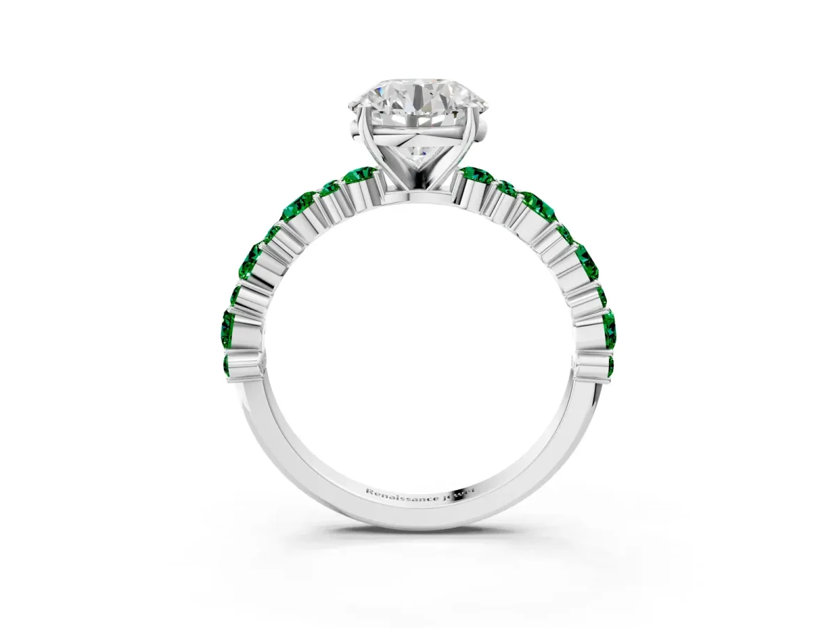 Round Cut Diamond Side Stone Solitaire Ring with Round Emerald and Four-Prong Setting White gold