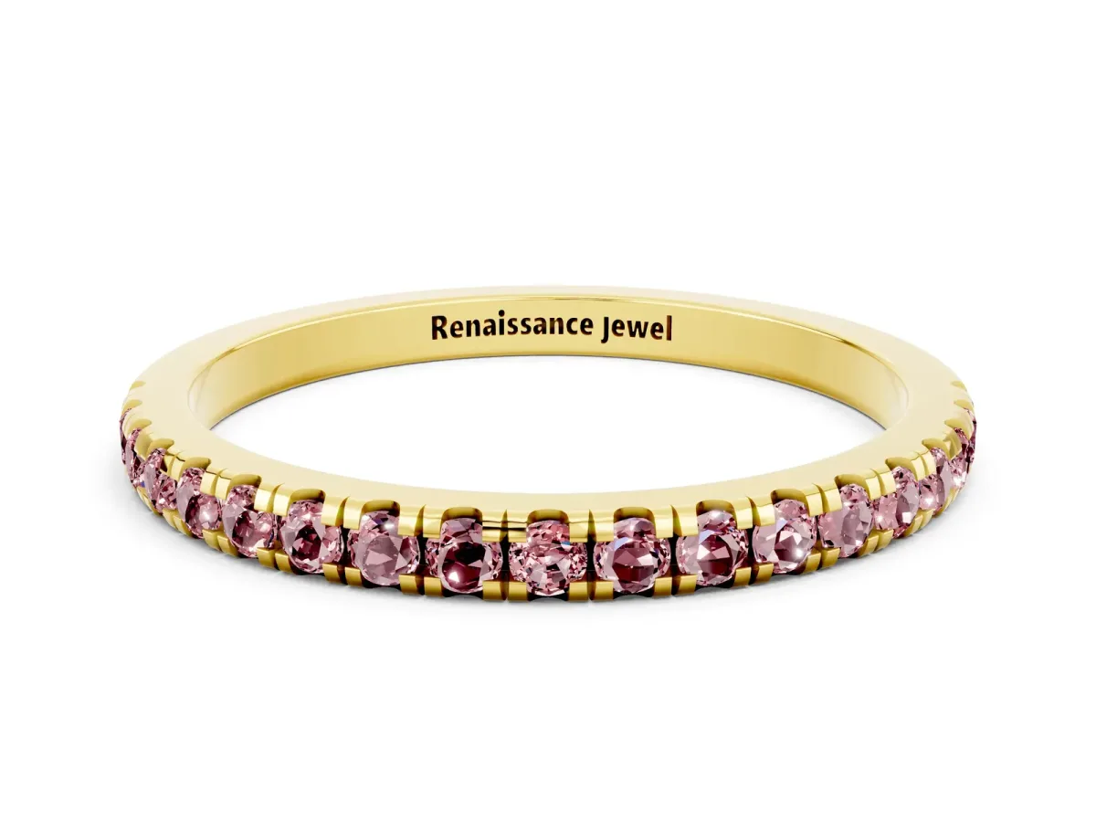 Pavé Round Morganite Half Eternity Band with Shared Prong Setting Yellow gold