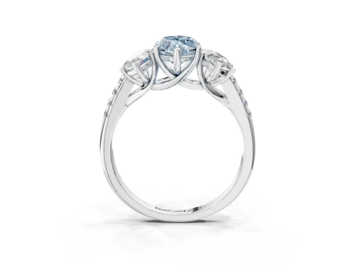 Fancy Blue Three-Stone Marquise Cut Diamond Ring with Round Pavé Band and Prong Setting Silver