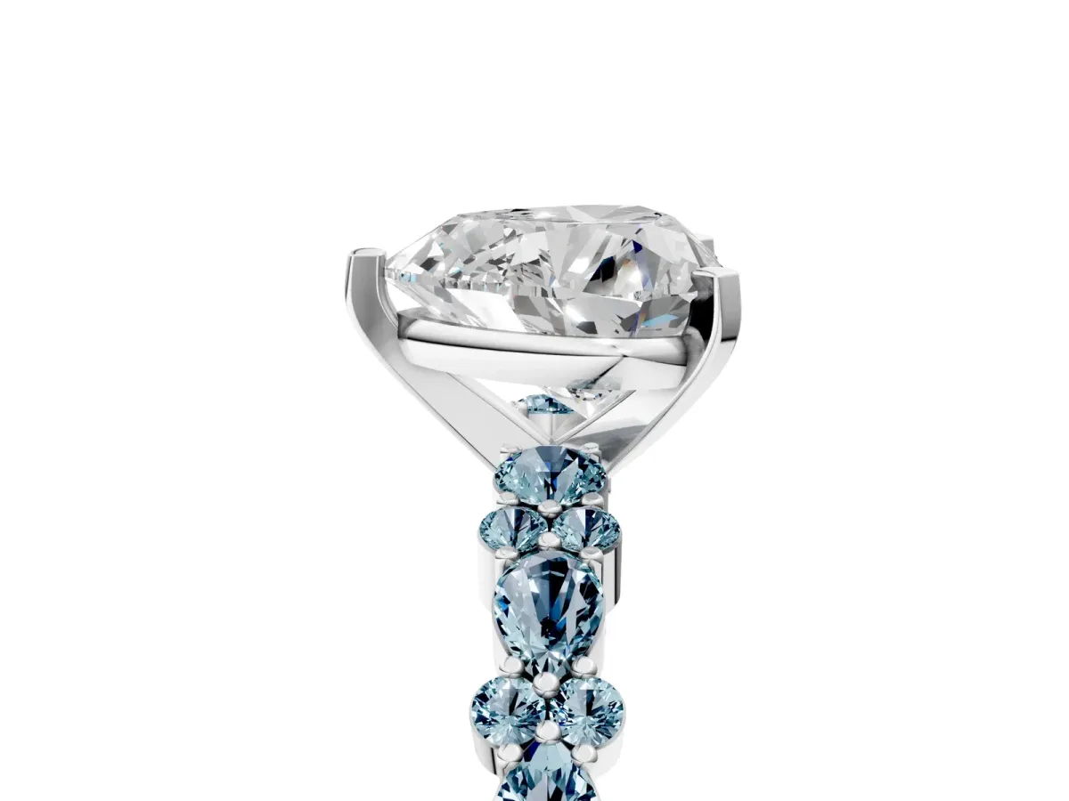 Heart Cut Diamond Side Stone Solitaire Ring with Round Aquamarine and Four-Prong Setting Silver