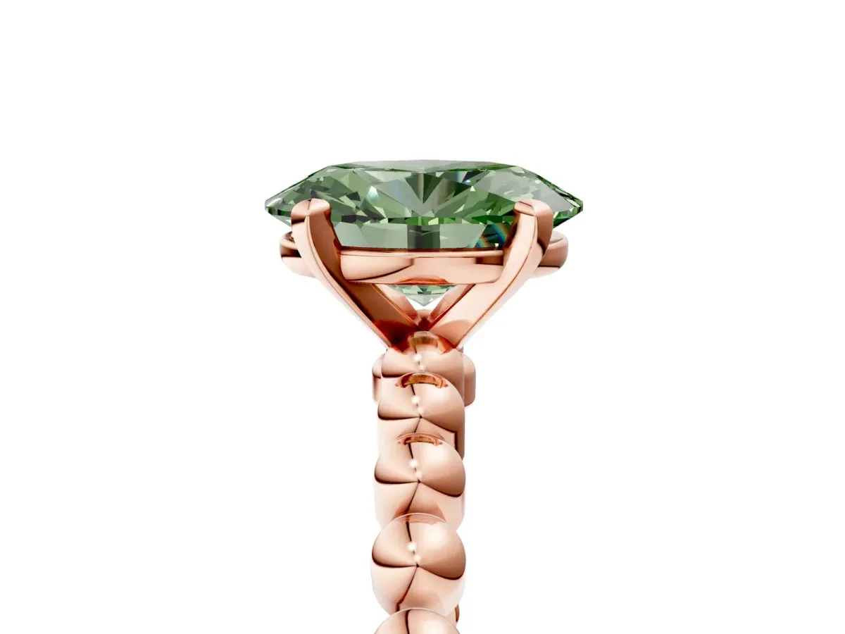 Fancy Green Oval Cut Diamond Solitaire Ring with Beaded Band and Prong Setting Rose gold