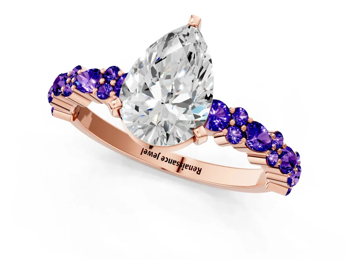 Pear Cut Diamond Side Stone Solitaire Ring with Round Tanzanite and Four-Prong Setting Rose gold