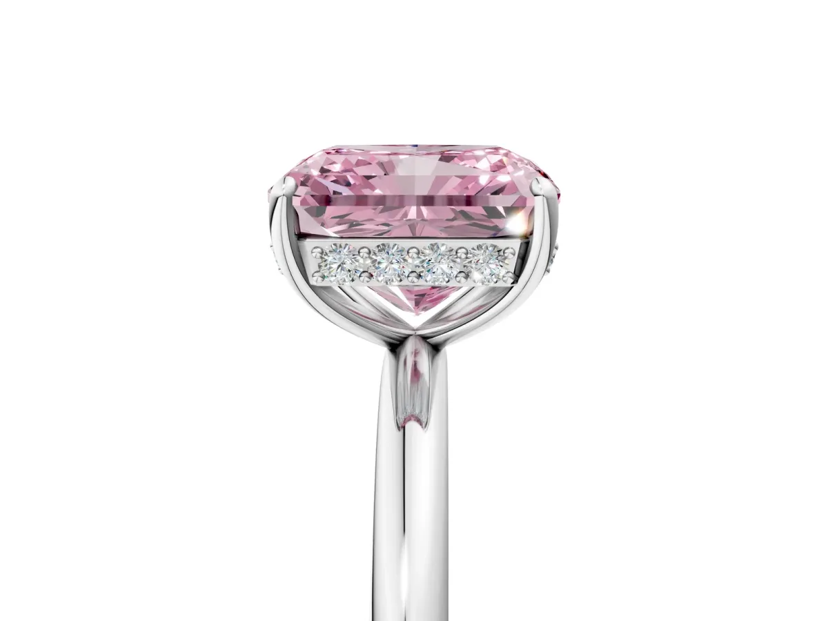 Fancy Pink Radiant Cut Solitaire Diamond Ring with a Classic Band and Four-Prong Setting Platinum