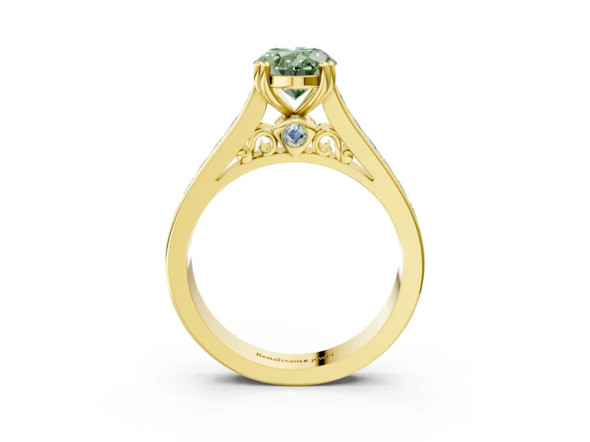 Fancy Green Oval Cut Cut Channel Set Solitaire Engagement Ring with Prong Setting Yellow gold